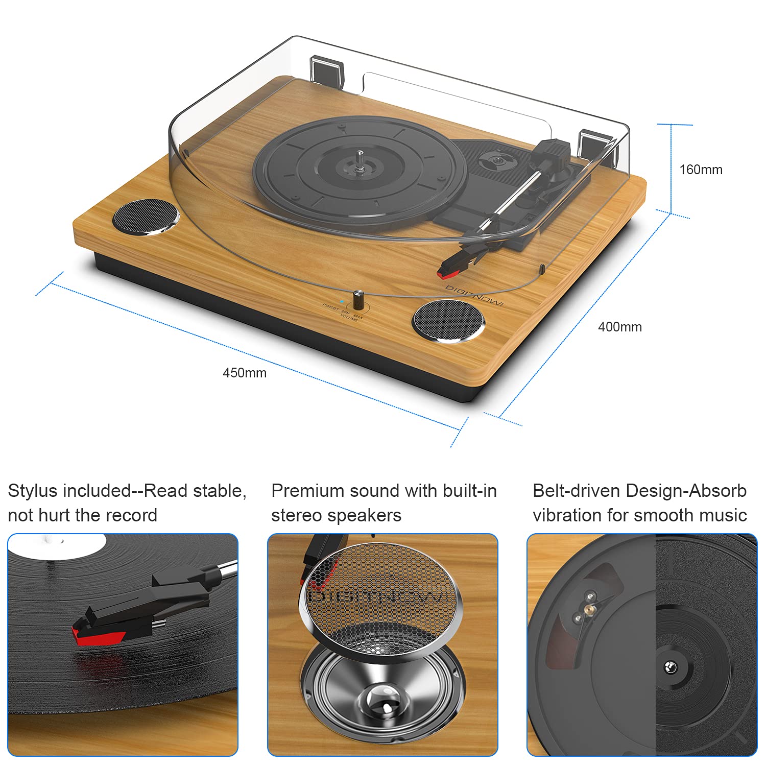 DIGITNOW! Gramofon winylowy z głośnikiem, vintage bluetooth